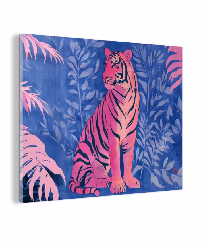 Glas schilderij - Tijger - Roze - Bladeren - Jungle