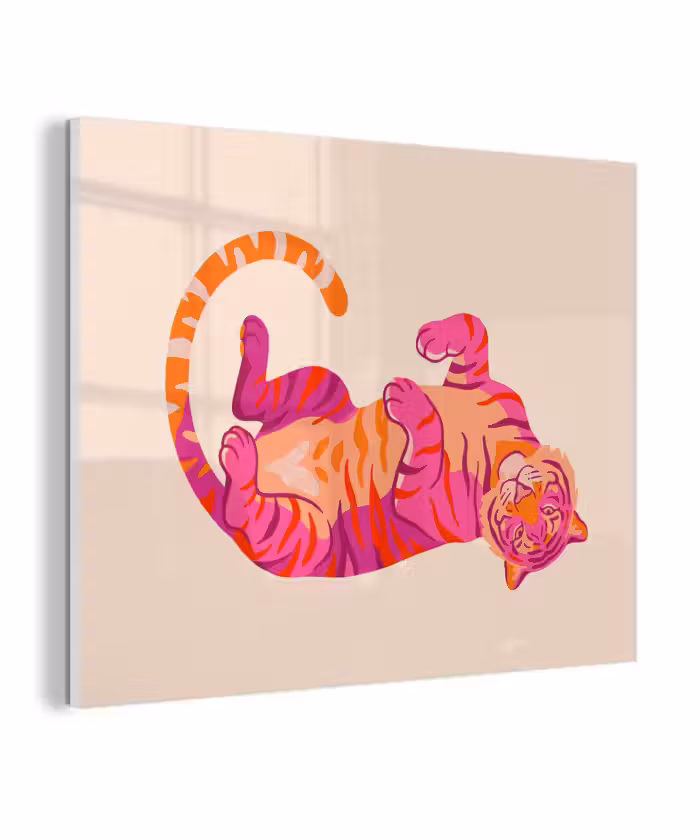 Glas schilderij - Tijger - Roze - Oranje