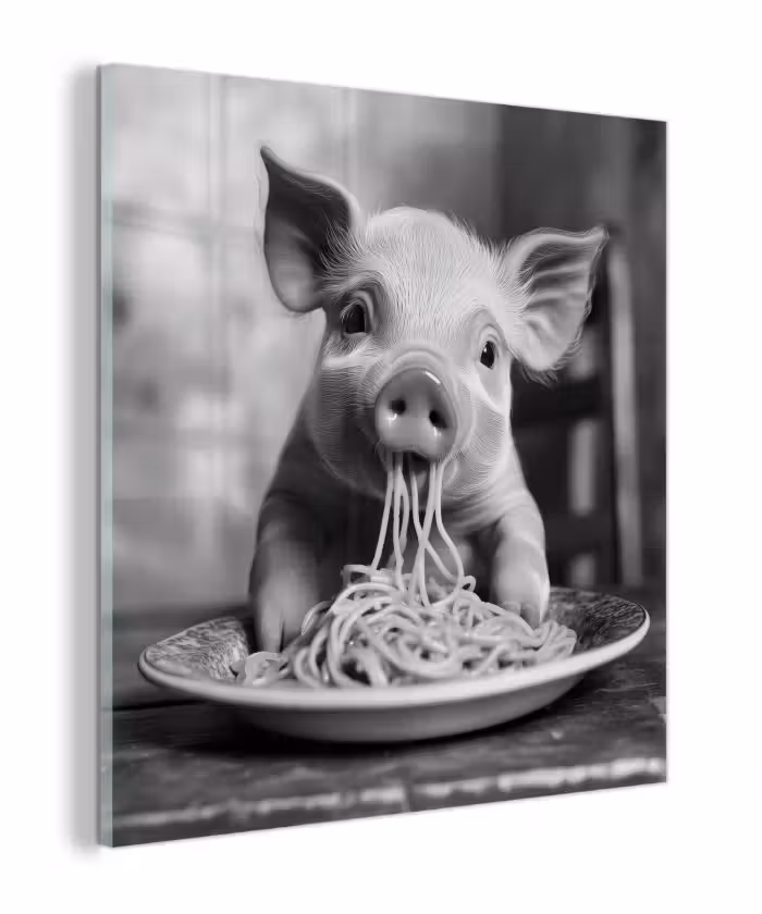 Glas schilderij - Varken - Schattig - Spaghetti - Zwart wit - Dier