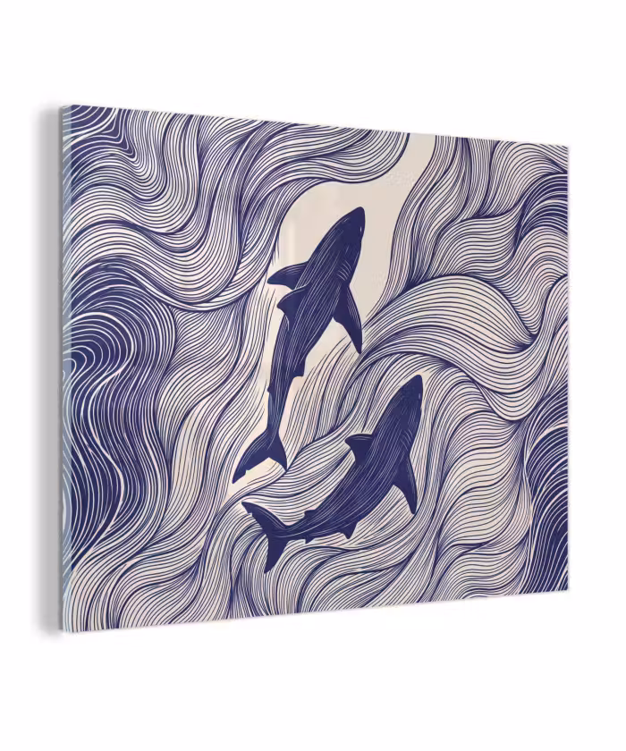Glas schilderij - Vis - Oceaan - Lijntekening - Blauw - Dieren