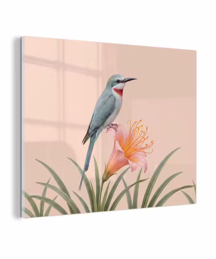Glas schilderij - Vogel - Bloem - Natuur - Roze