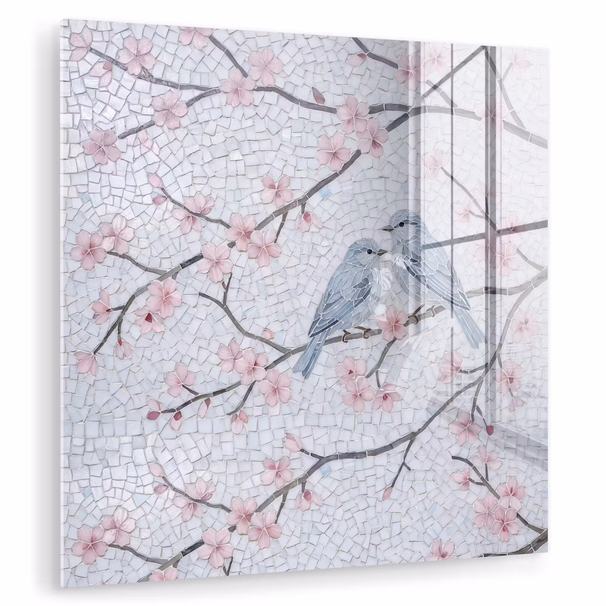 Glas schilderij - Vogel - Bloemen - Natuur - Mozaïek - Roze
