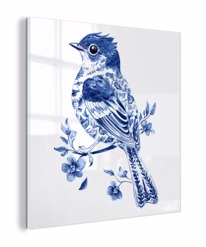 Glas schilderij - Vogel - Delfts blauw - Illustratie - Bloemen