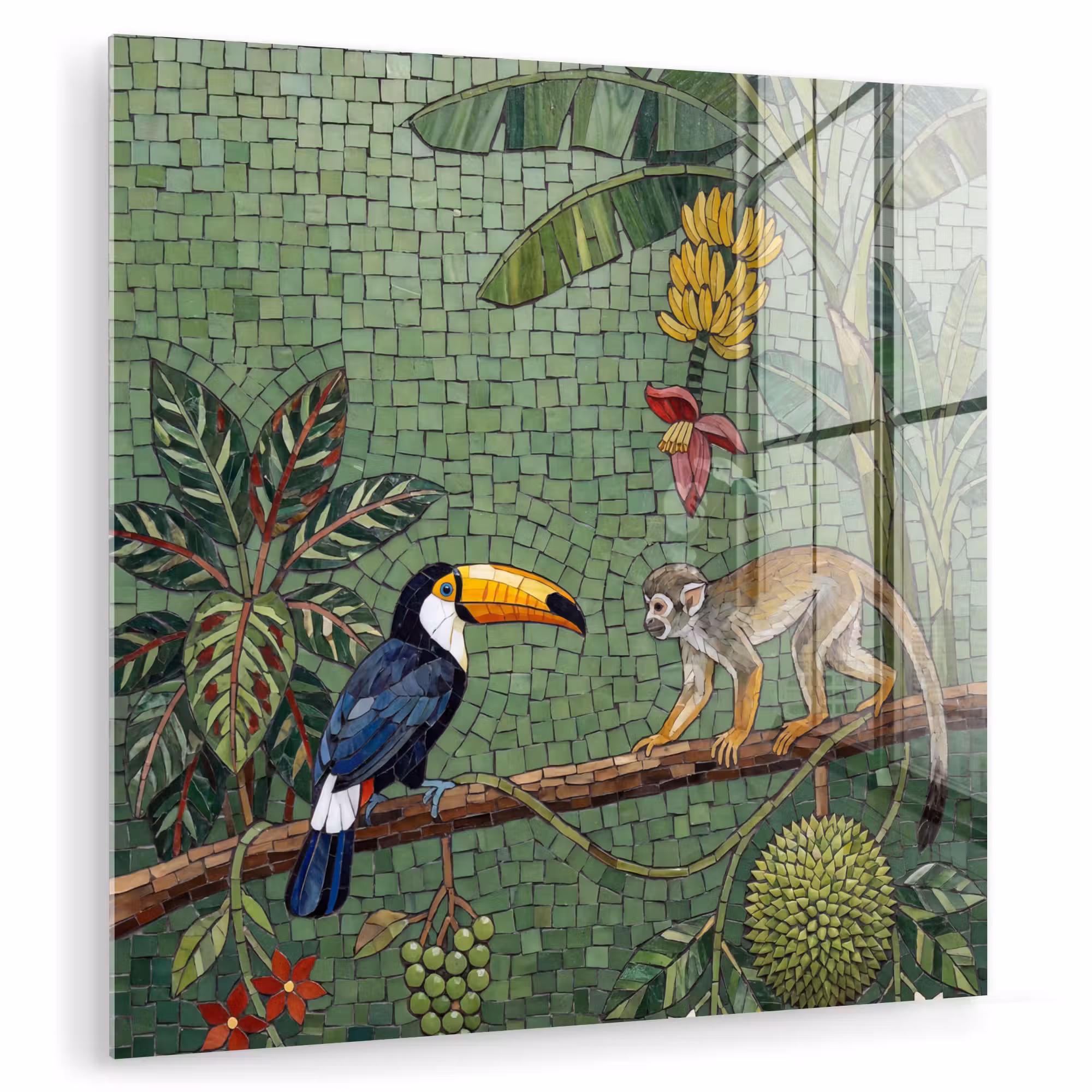 Glas schilderij - Vogel - Dier - Jungle - Mozaïek - Natuur