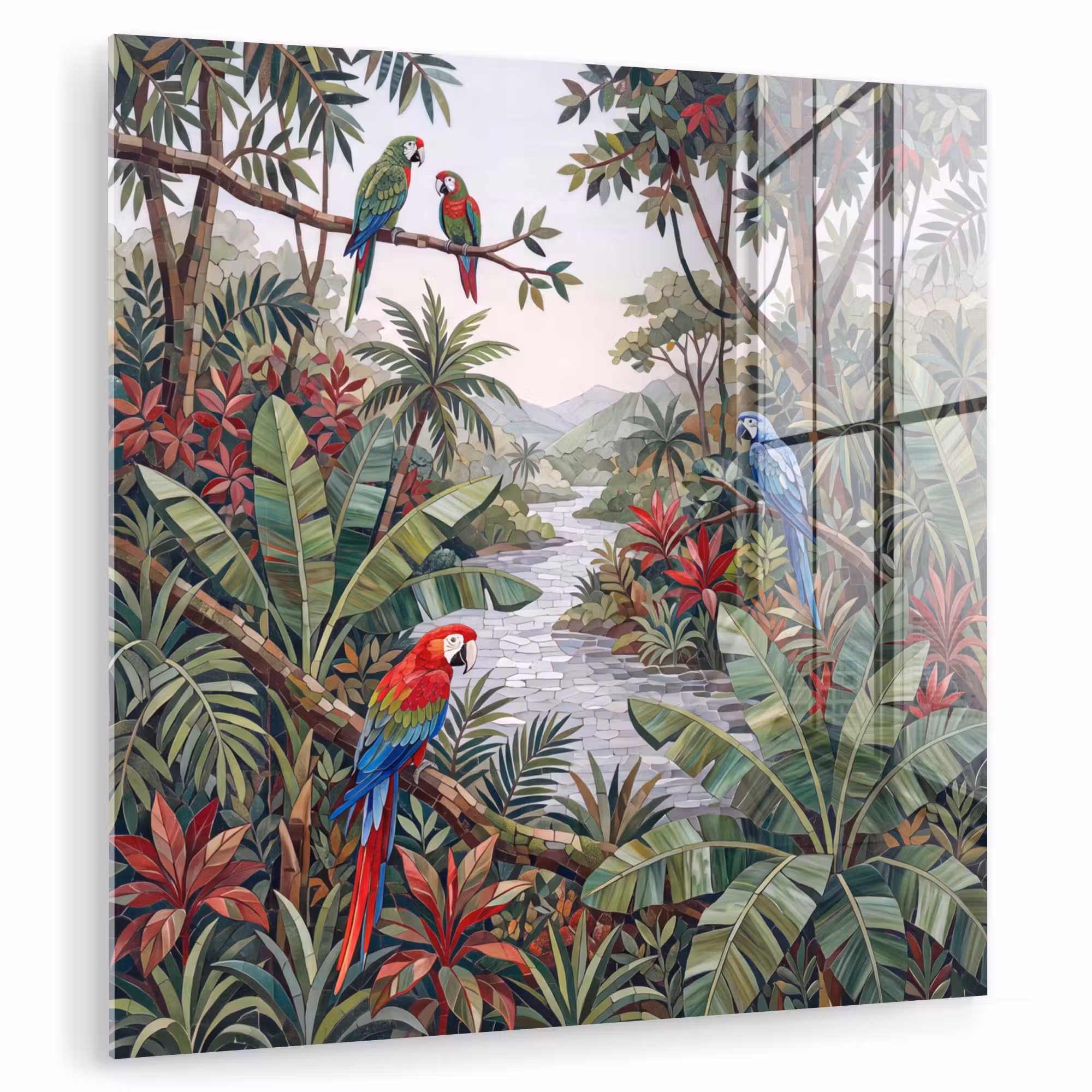 Glas schilderij - Vogel - Jungle - Natuur - Mozaïek - Groen