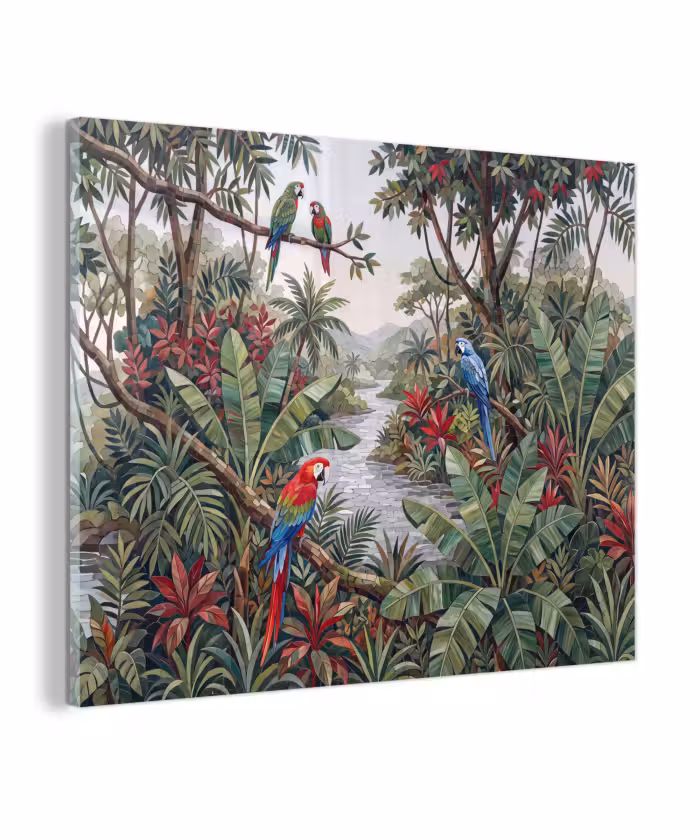 Glas schilderij - Vogel - Jungle - Natuur - Mozaïek - Groen