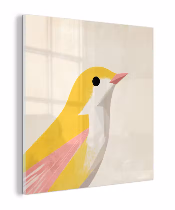Glas schilderij - Vogel - Minimalistisch - Geel
