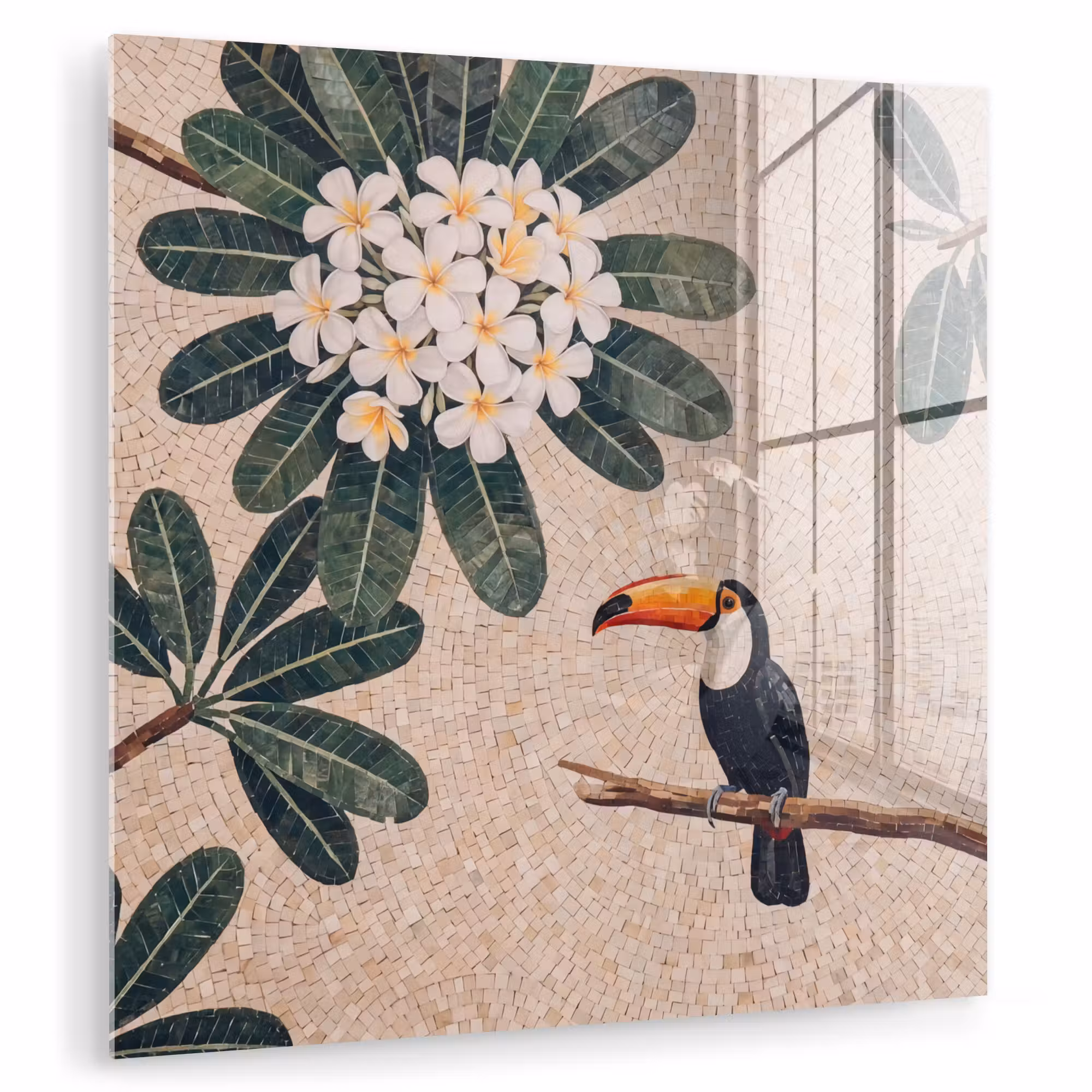 Glas schilderij - Vogel - Mozaïek - Tropisch - Natuur - Kleurrijk