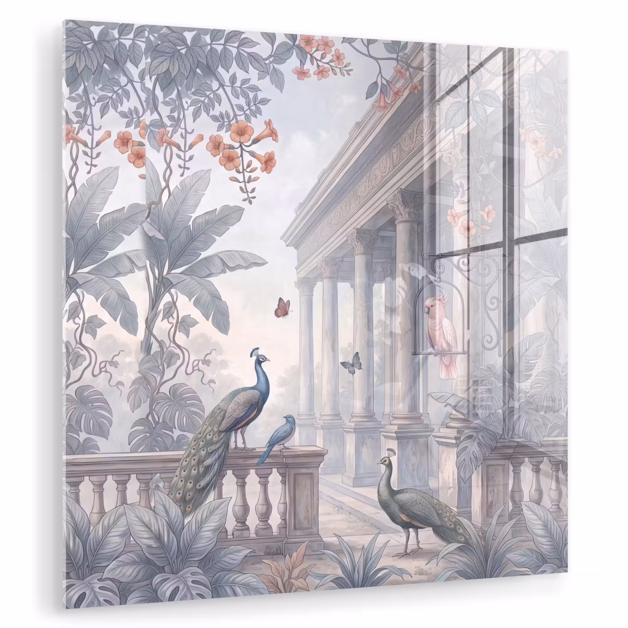 Glas schilderij - Vogel - Pauw - Architectuur - Klassiek - Groen