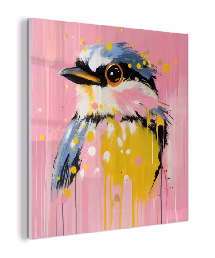 Glas schilderij - Vogel - Roze - Geel - Blauw