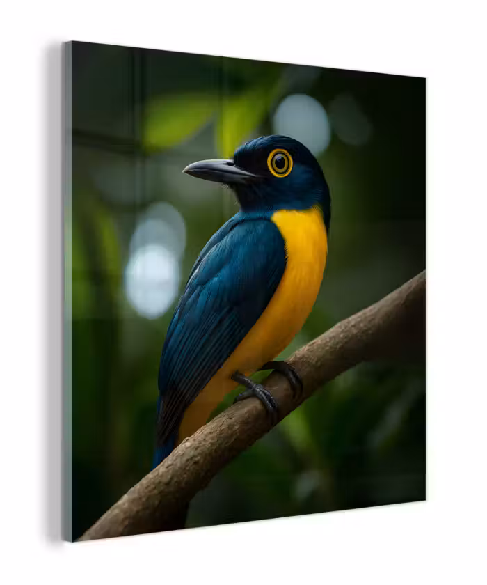 Glas schilderij - Vogel - Tak - Geel - Bladeren