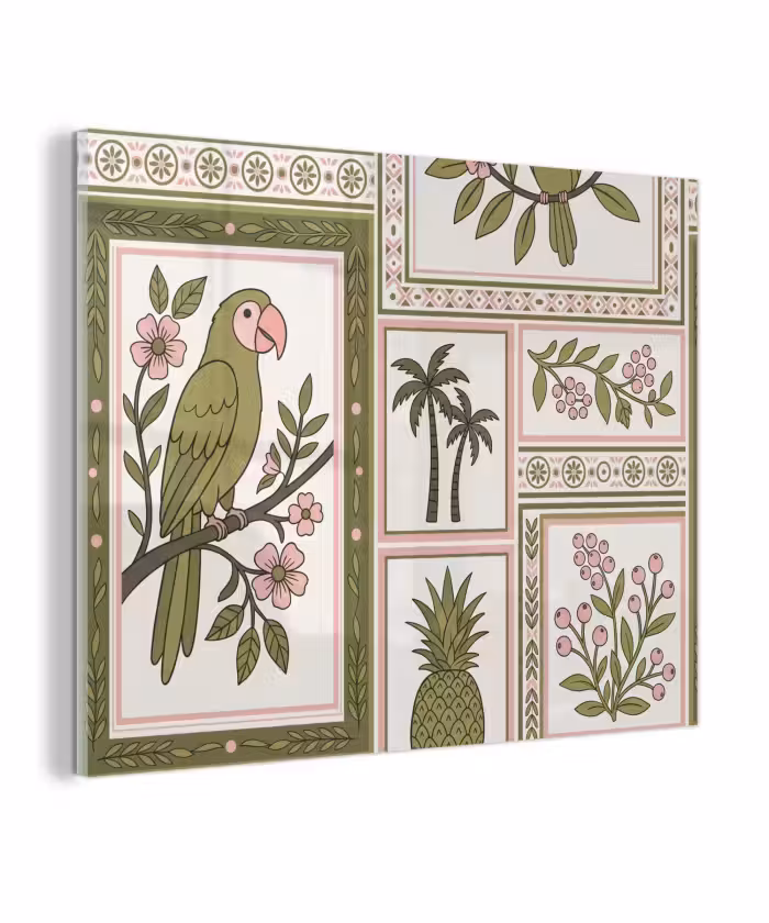 Glas schilderij - Vogel - Tropisch - Patroon - Decoratief - Groen