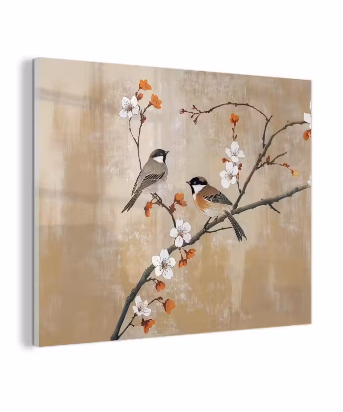 Glas schilderij - Vogels - Bloesemtak - Bloemen - Oranje