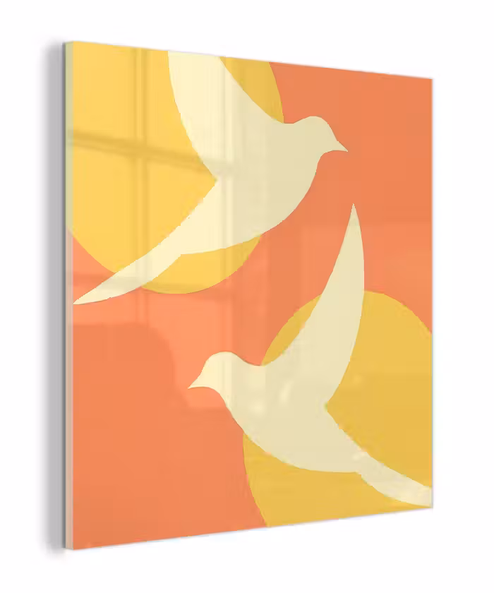 Glas schilderij - Vogels - Cirkels - Geel