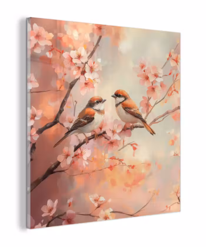 Glas schilderij - Vogels - Romantic - Bloesemtak