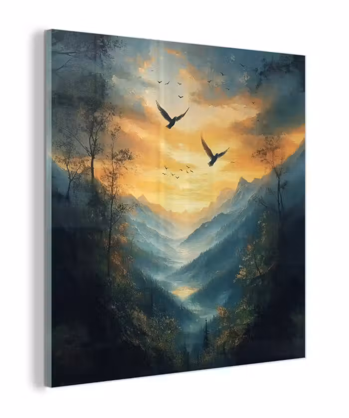 Glas schilderij - Vogels - Zon - Bomen - Groen