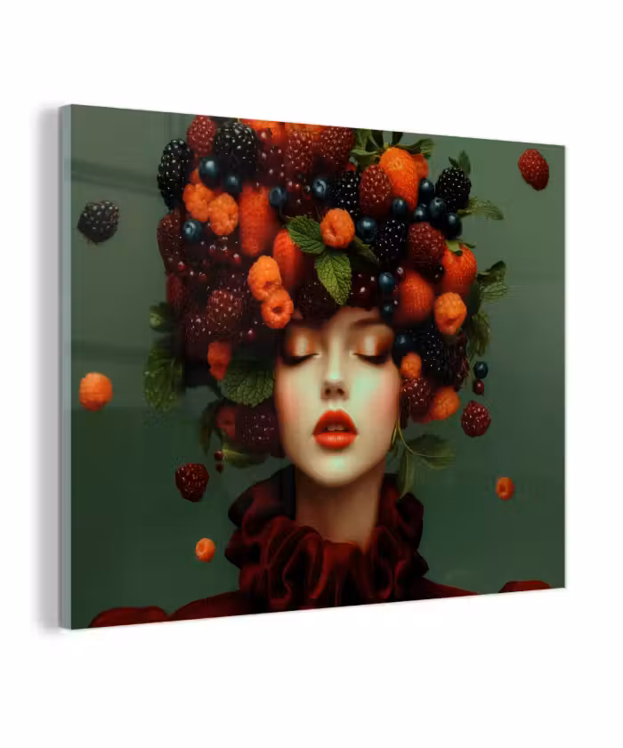Glas schilderij - Vrouw - Aardbeien - Frambozen - Bramen - Bessen