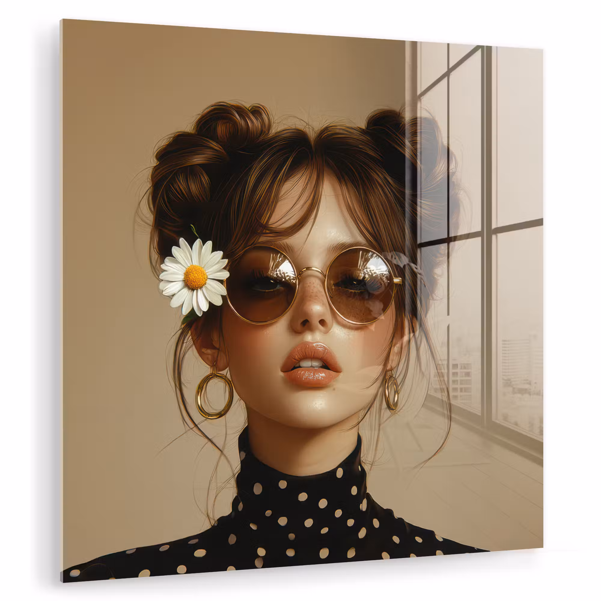 Glas schilderij - Vrouw - Beige - Bloem - Modern - Portret