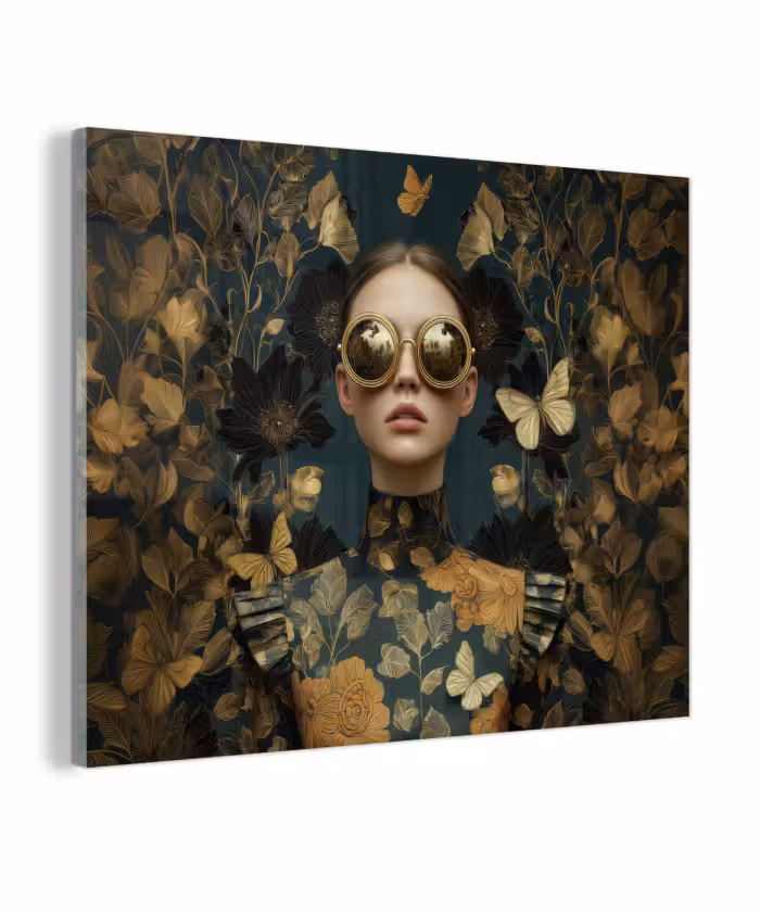 Glas schilderij - Vrouw - Bladeren - Goud - Vlinders