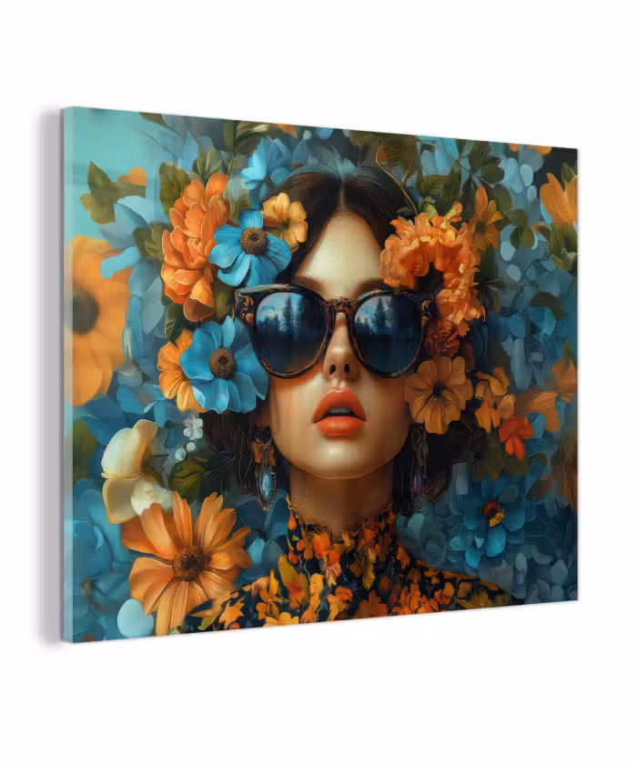 Glas schilderij - Vrouw - Bloemen - Oranje - Blauw - Modern