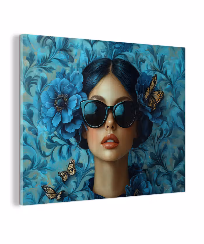Glas schilderij - Vrouw - Bloemen - Vlinders - Blauw - Abstract