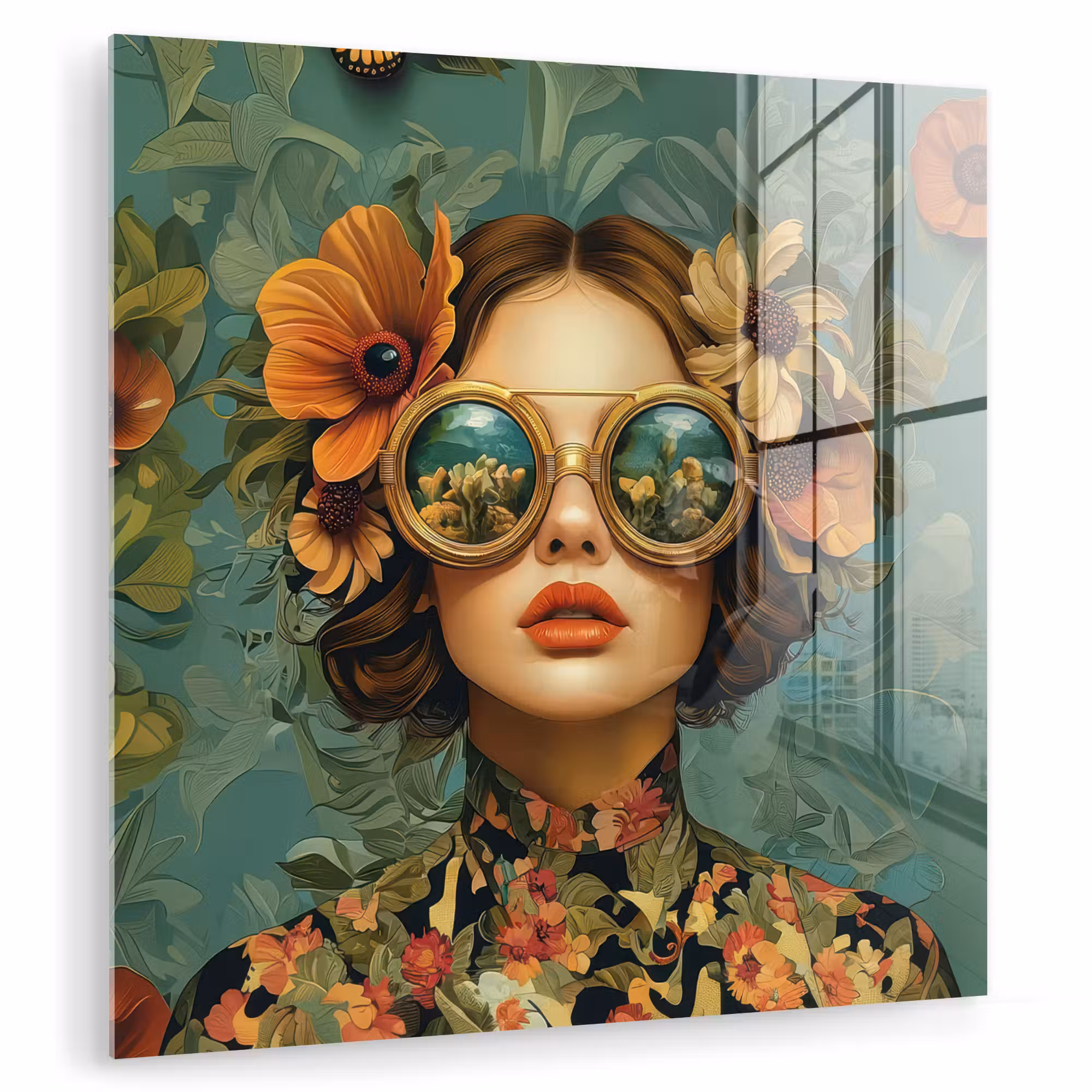 Glas schilderij - Vrouw - Bloemen - Vlinders - Natuur - Vintage