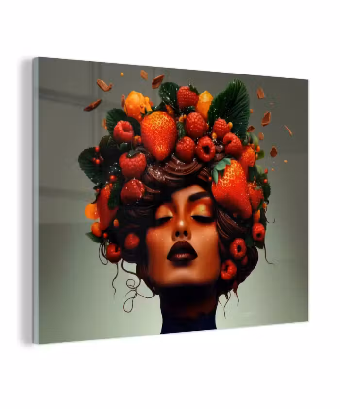 Glas schilderij - Vrouw - Chocolade - Frambozen - Aardbeien - Koekjes