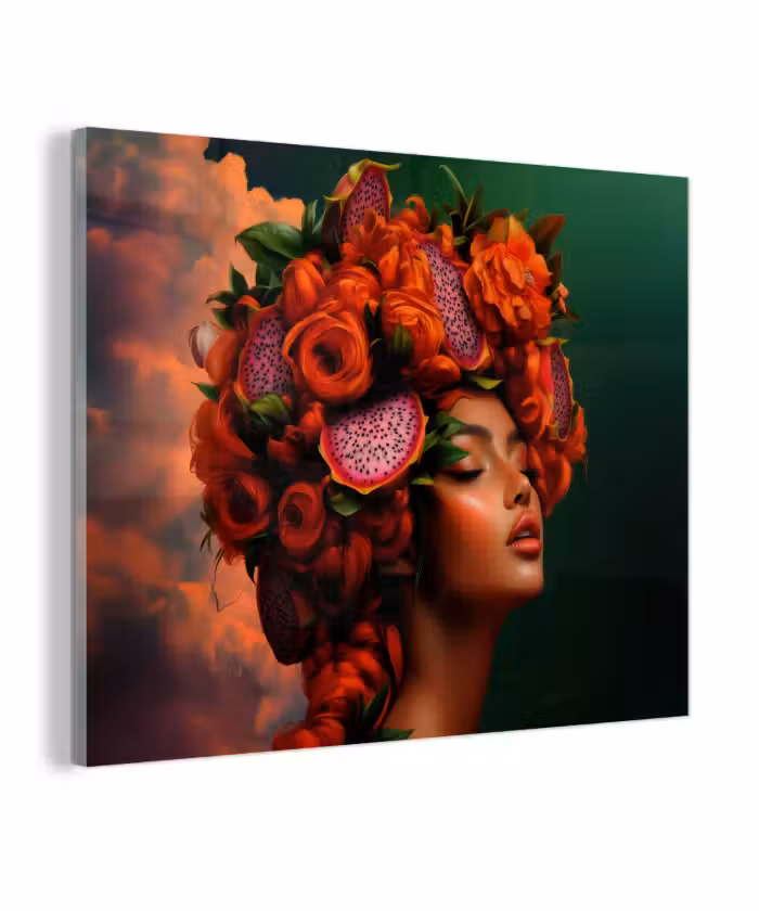 Glas schilderij - Vrouw - Drankenfruit - Rozen
