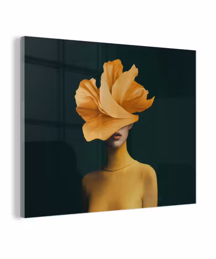 Glas schilderij - Vrouw - Hoed - Geel