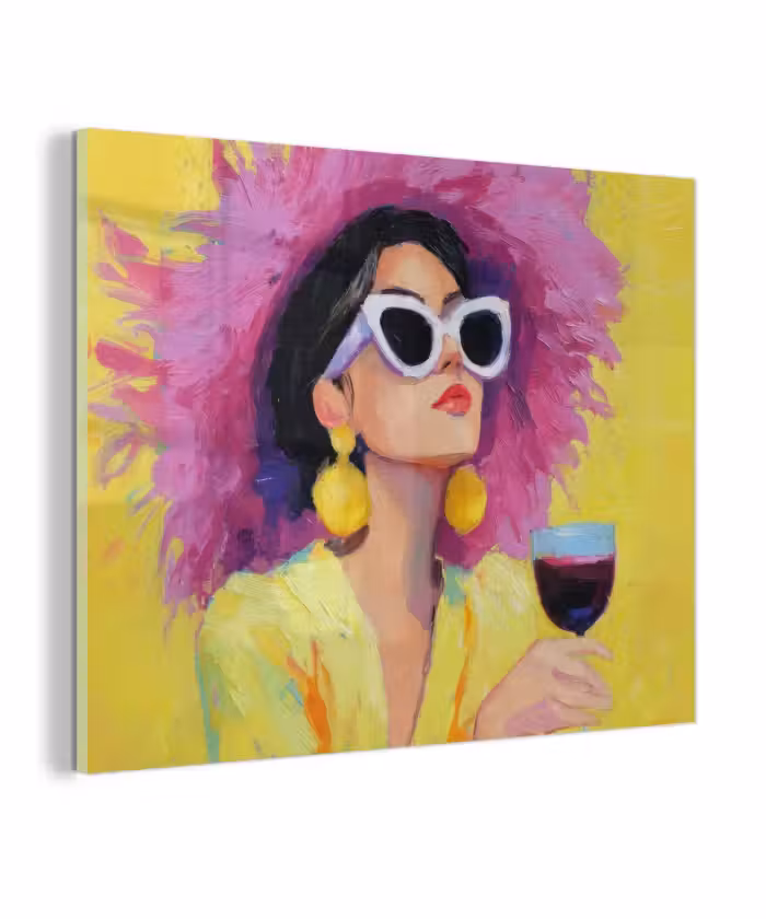 Glas schilderij - Vrouw - Hoed - Paars - Wijn