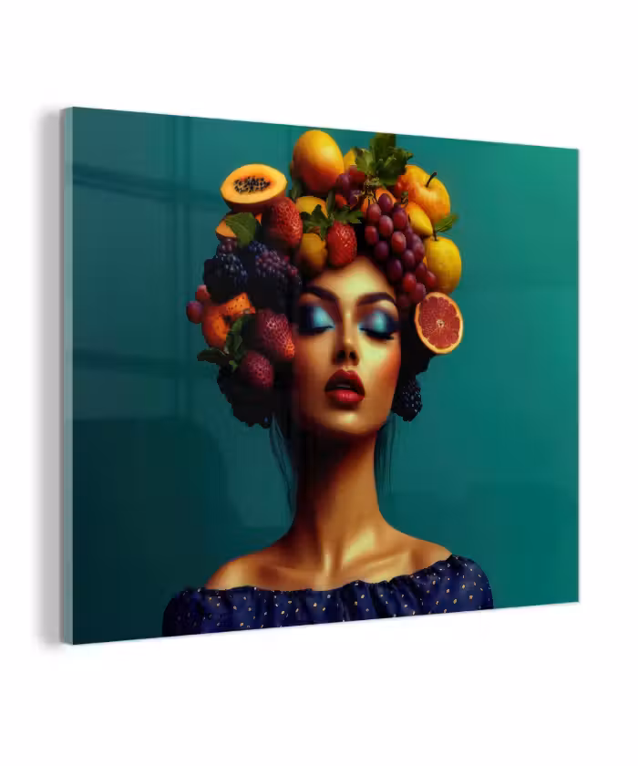 Glas schilderij - Vrouw - Hoodtooi - Tropisch - Fruit - Druiven