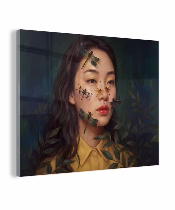 Glas schilderij - Vrouw - Insecten - Natuur - Portret - Groen
