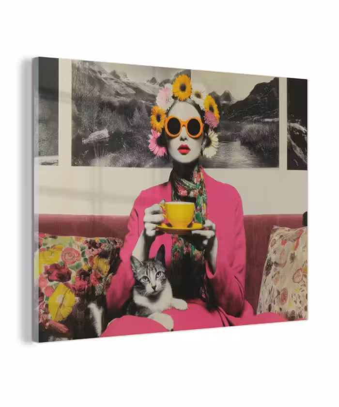 Glas schilderij - Vrouw - Kat - Bloemen - Kopje - Retro