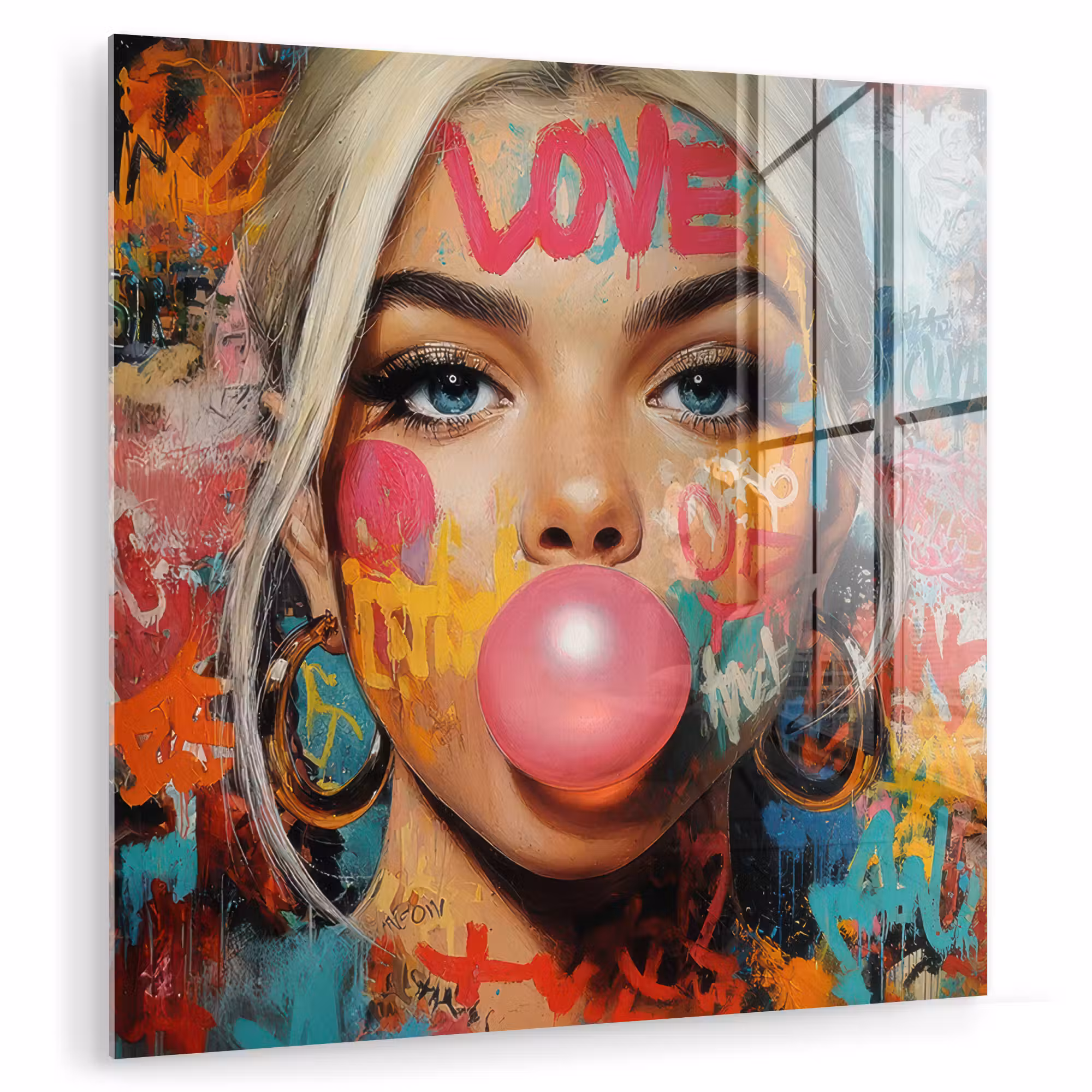 Glas schilderij - Vrouw - Kauwgom - Graffiti - Love