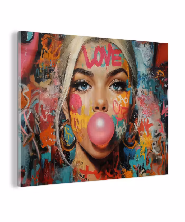 Glas schilderij - Vrouw - Kauwgom - Graffiti - Love