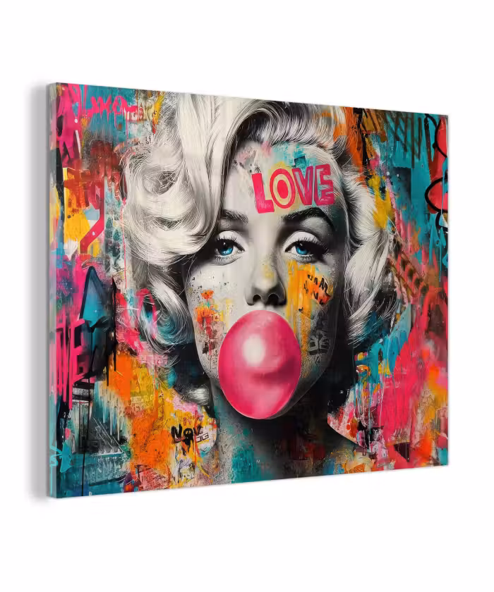 Glas schilderij - Vrouw - Kauwgom - Graffiti - Neonkleuren