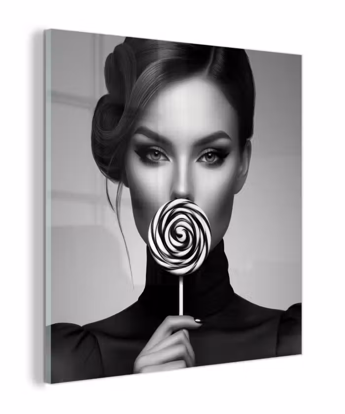 Glas schilderij - Vrouw - Lolly - Zwart