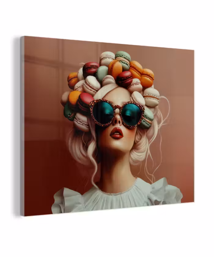 Glas schilderij - Vrouw - Macarons - Bril