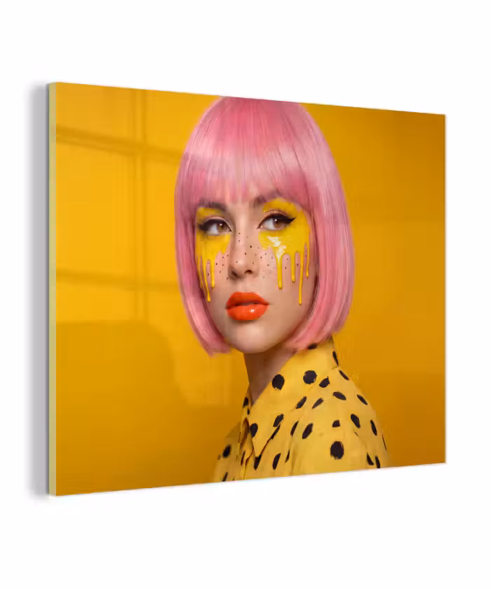Glas schilderij - Vrouw - Portret - Abstract - Kleurrijk - Geel