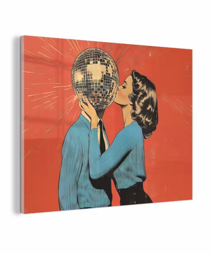 Glas schilderij - Vrouw - Retro - Discobal - Kus