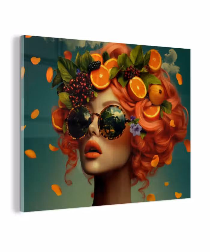 Glas schilderij - Vrouw - Sinaasappel - Bessen - Oranje
