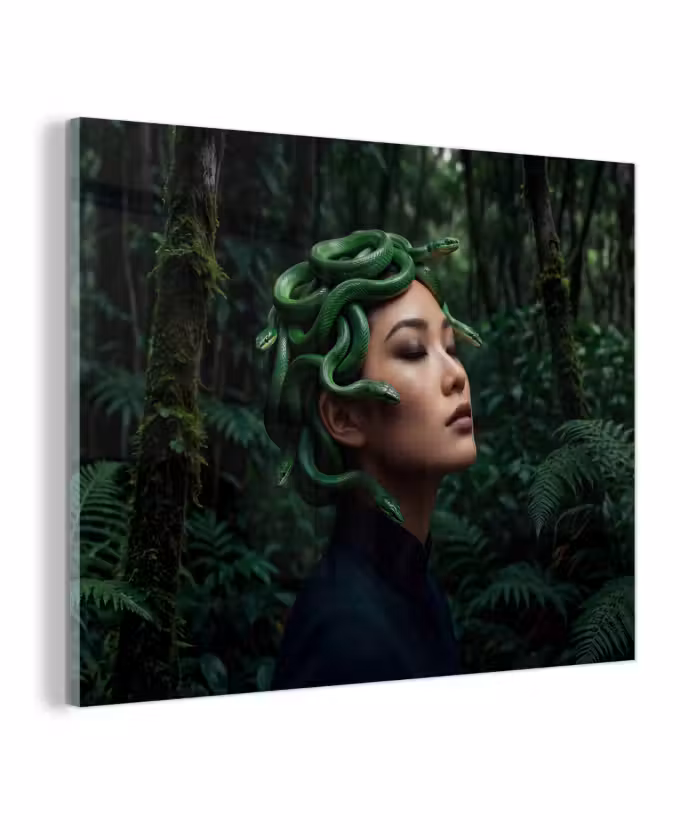 Glas schilderij - Vrouw - Slang - Natuur - Mystiek - Groen