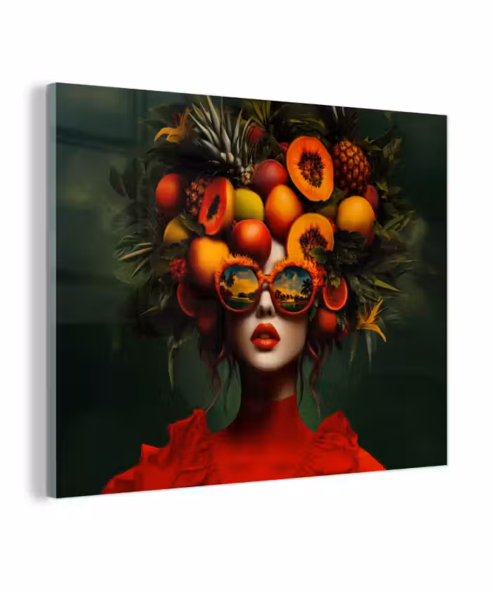 Glas schilderij - Vrouw - Vruchten - Papaja - Ananas