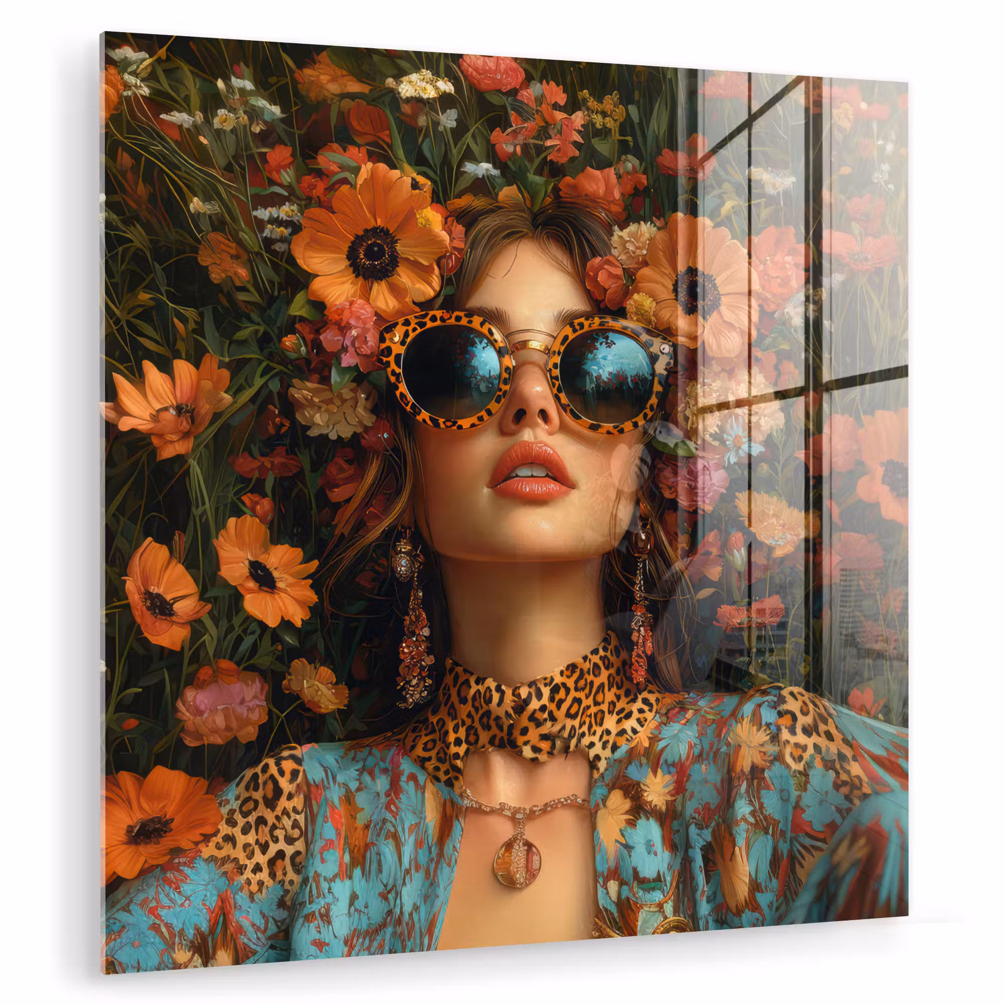 Glas schilderij - Vrouwen - Bloemen - Modern - Bril - Abstract