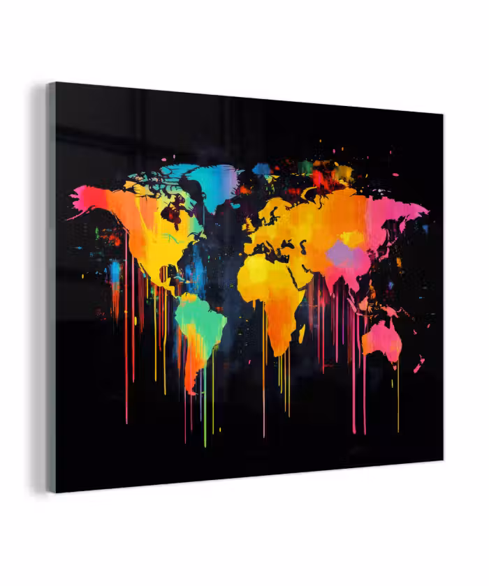 Glas schilderij - Wereldkaart - Verf - Kleurrijk - Graffiti - Wereld
