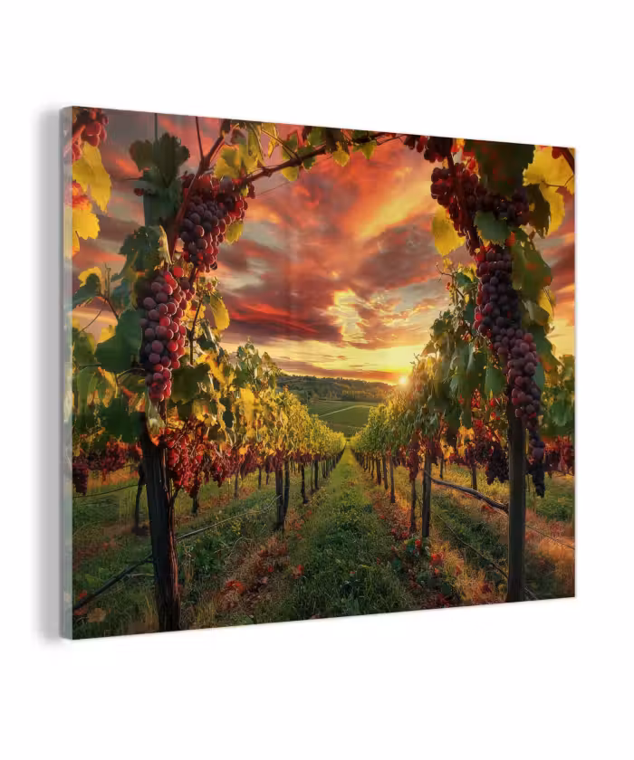 Glas schilderij - Wijngaard - Druiven - Zonsondergang