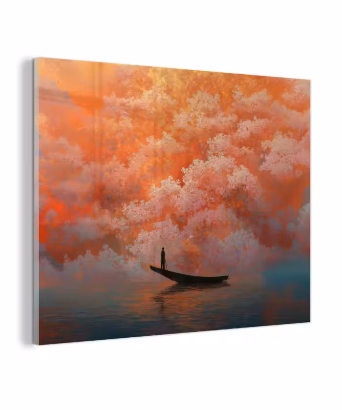 Glas schilderij - Zee - Boot - Wolken - Oranje