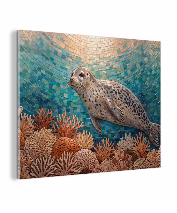Glas schilderij - Zeehond - Mozaïek - Onderwater - Dieren - Blauw
