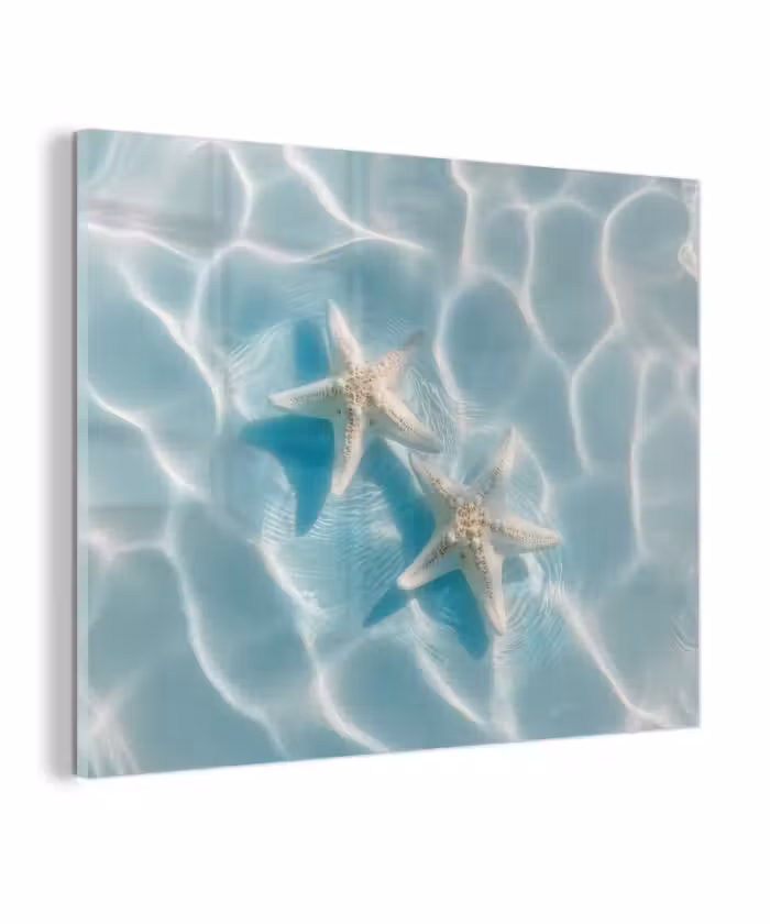 Glas schilderij - Zeesterren - Golvend water - Rustgevend