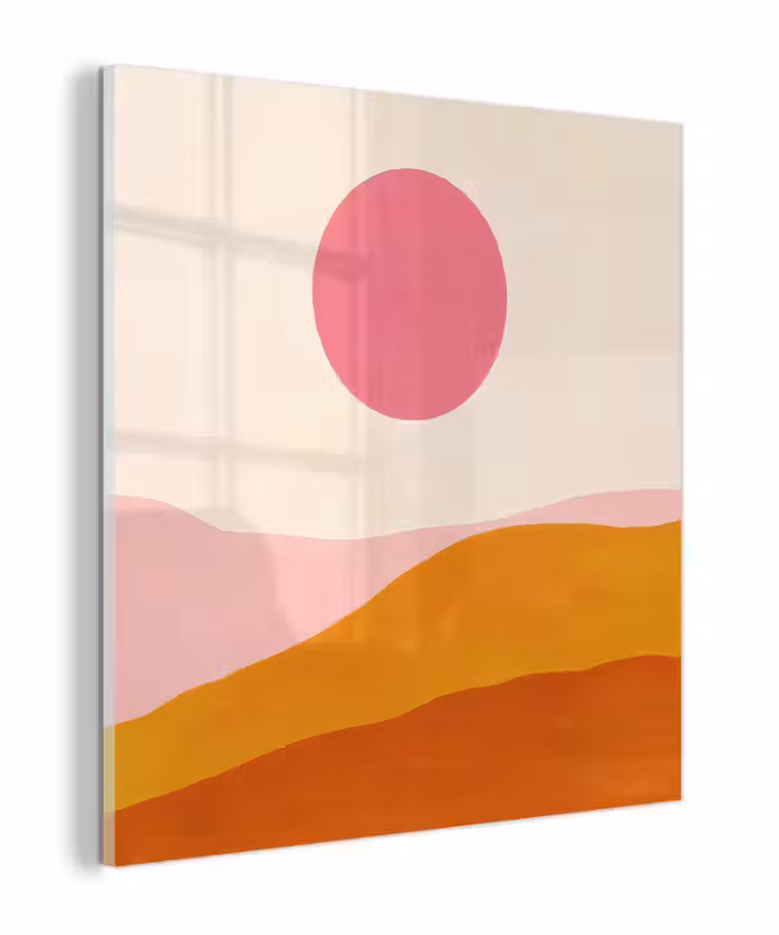 Glas schilderij - Zon - Heuvels - Abstract - Roze